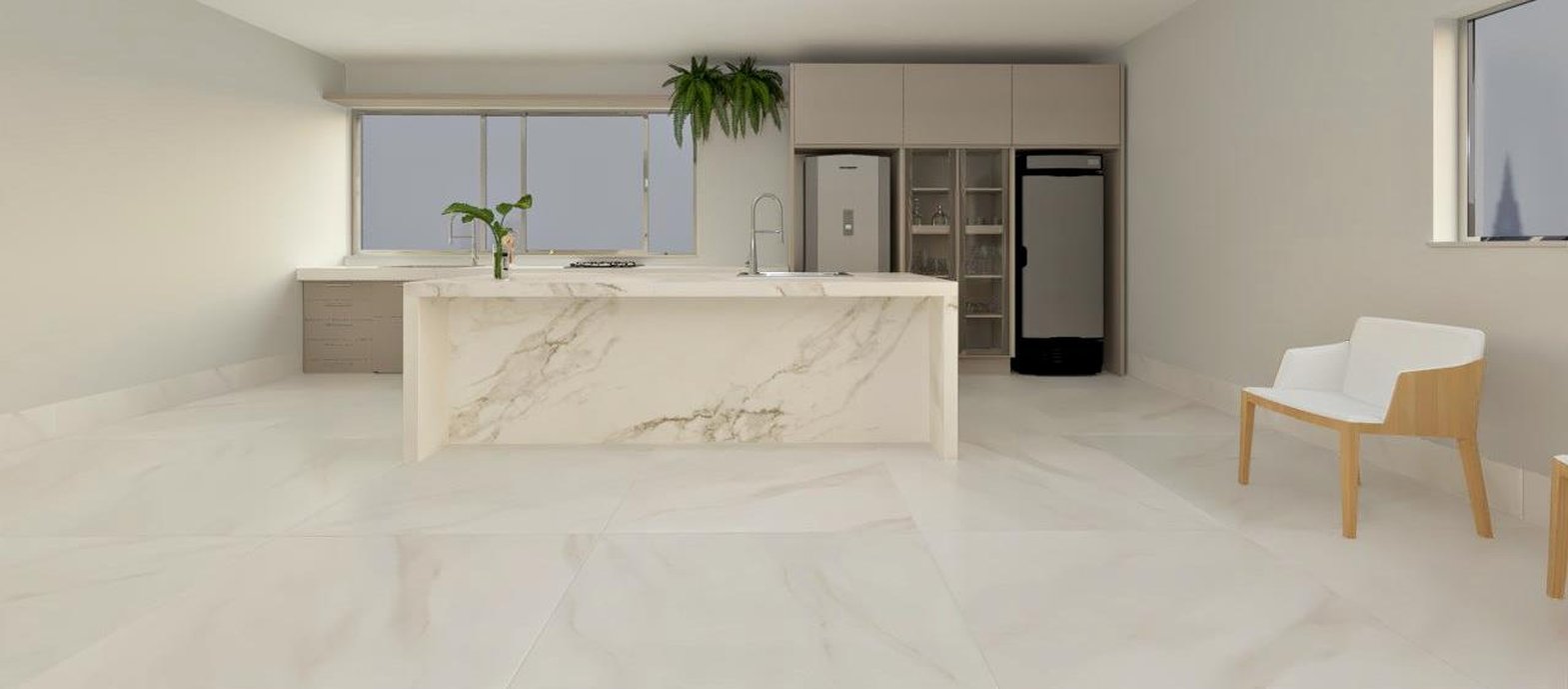 Cozinha gourmet com ilha central feita na lastra 120x240