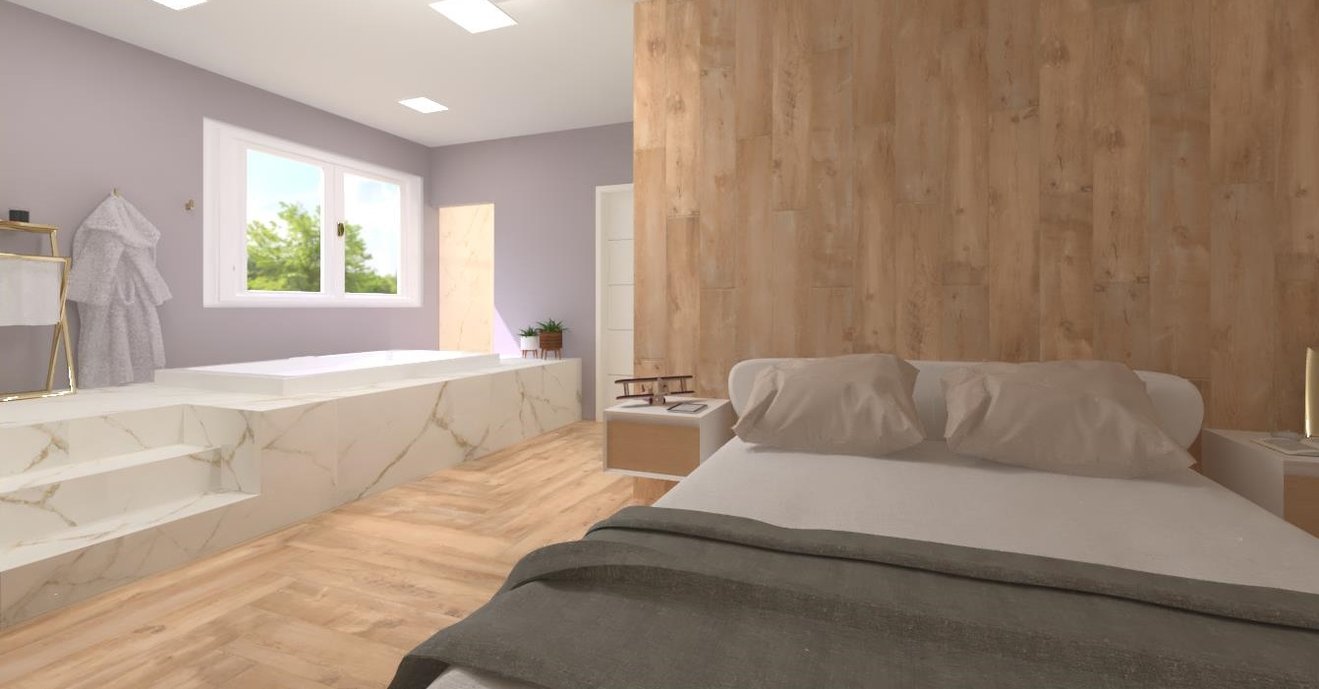 Aconchego, amplitude e funcionalidade, integrar descanso e lazer em um único espaço. Oro Bianco reproduz o mármore estatuário, com veios de um dourado solar imersos na intensidade do branco puro com sombras acinzentadas. Aconchego do amadeirado Boreal Natural madeira encontrada apenas no hemisfério norte, tem como característica a cor clara com nuances douradas e a presenças de nós.