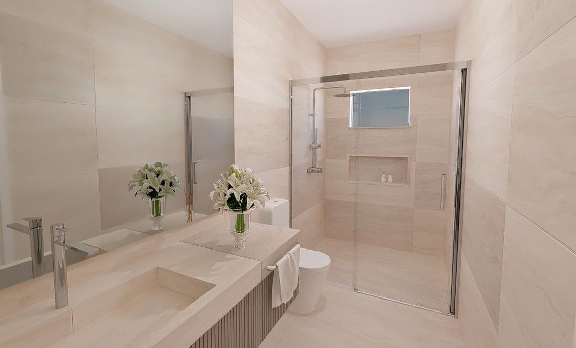 Banheiro social com tons claros e sofisticação. Trabalhado com bancada e nicho no porcelanato. 