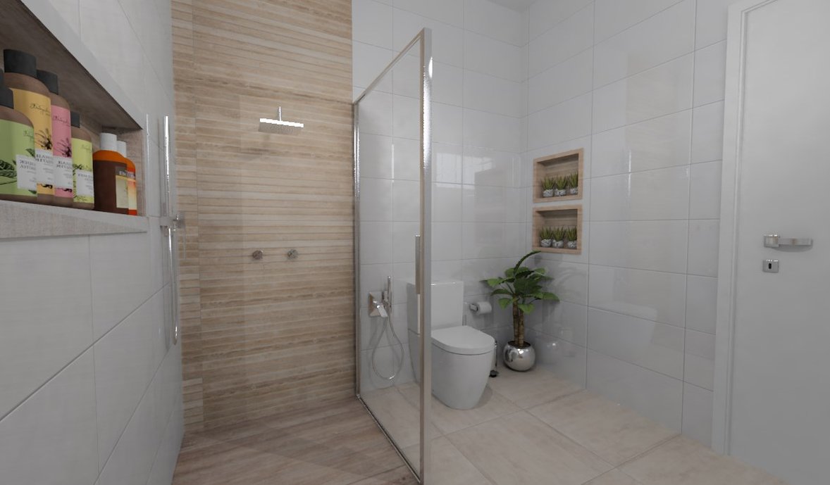 Banheiro clean com detalhes amadeirados no box e nos nichos.