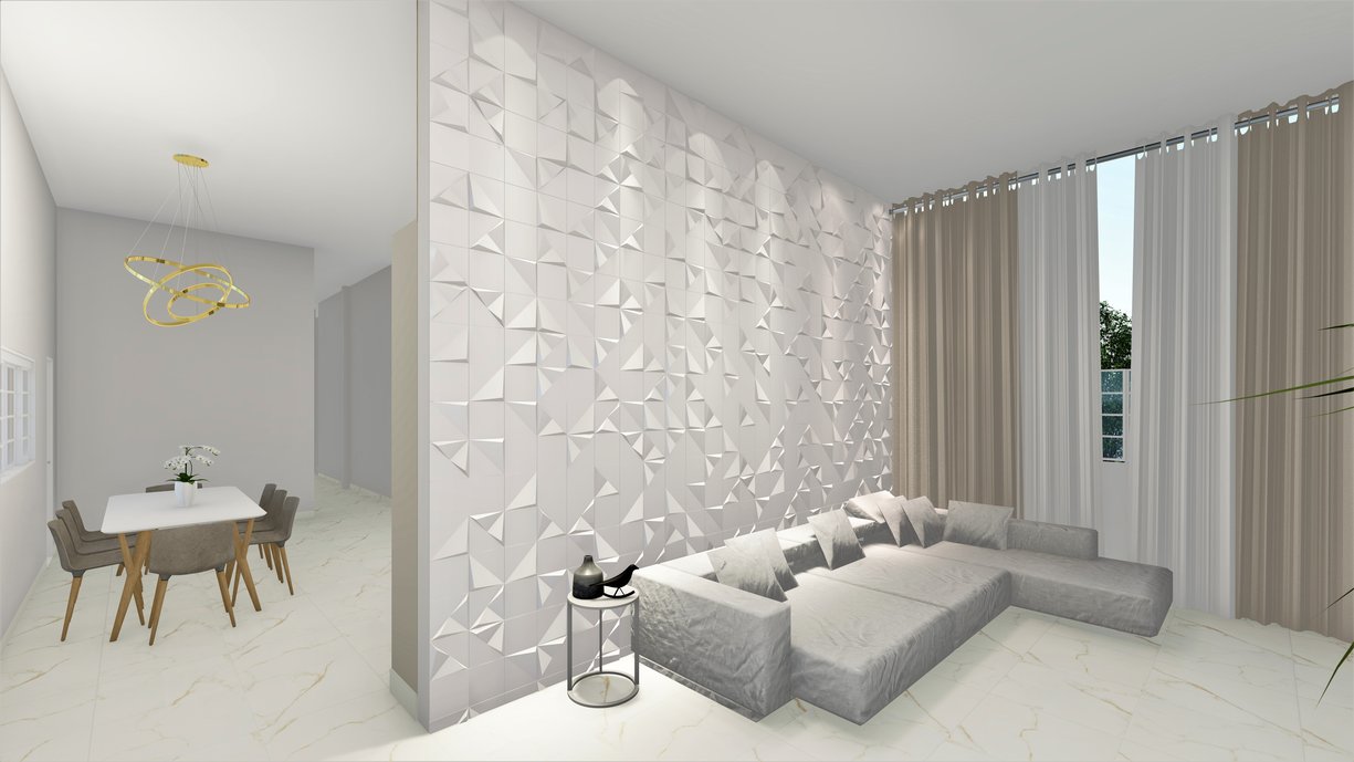Sala de TV aconchegante e requinte com elementos 3D.