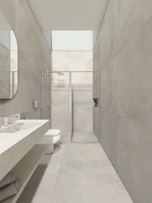 Proposta de um banheiro com piso e paredes do produto Superquadra 90x90 natural. 