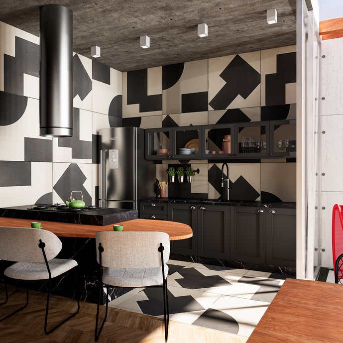 Cozinha em tons escuros, Foi utilizado o revestimento SOMA Concreto (paredes e piso) e Classic Marquina (bancadas), da Portobello Shop e madeira de demolição na bancada de apoio 