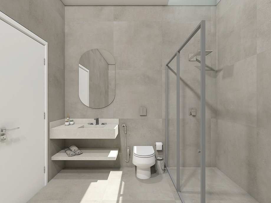 Proposta de um banheiro com piso e paredes do produto Superquadra 90x90 natural. 