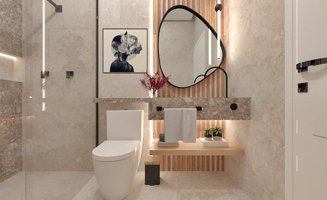 Banho moderno e sofisticado com o detalhe do painel ripado o qual deixa o ambiente aconchegante e aquecido.
