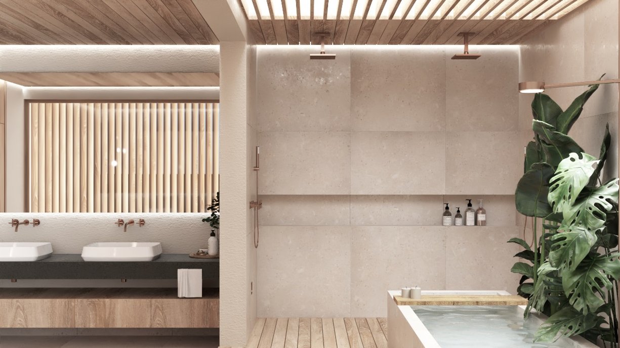 Estudo para um banheiro com cara de spa. A proposta traz a ideia de relaxamento em um ambiente amplo, com muita luz e materiais naturais. Os metais são da Deca no tom corten, o piso e paredes da área de banho são revestidos com o porcelanato Yass da Portobello e as paredes externas recebem o acabamento velvet da Terracor.
