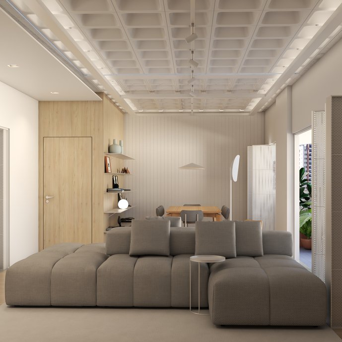 Sala de estar/jantar.
Uso de tons neutros, iluminação natural e uso pontual de cores.
Solução ousada para o forro e para a iluminação do ambiente.
