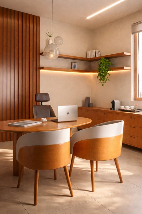 A composição explora princípios de neuroarquitetura, priorizando ambientes que promovem foco, acolhimento e experiência qualificada para clientes e equipe. 