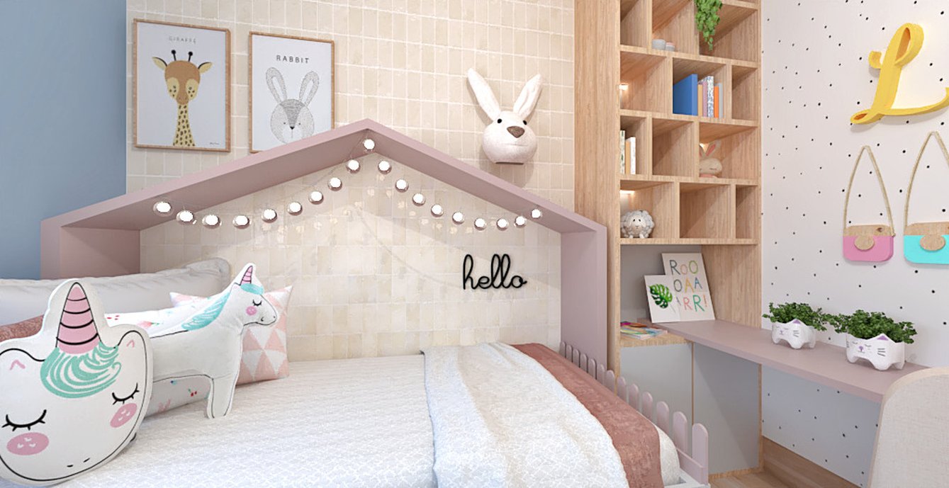 Quarto infantil com painel divertido em porcelanato