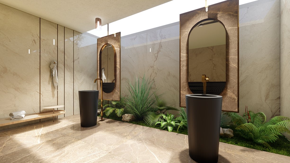 Sala de banho contemporânea com matérias que refletem o luxo e o requinte.