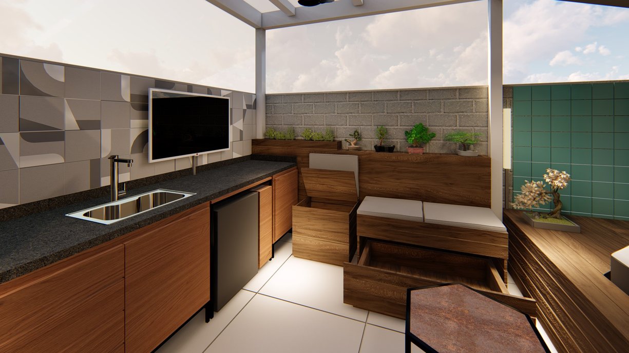 Imagem 3D do Projeto de Área Externa, com aplicação de revestimento sobre a bancada na área da churrasqueira e ofurô 
