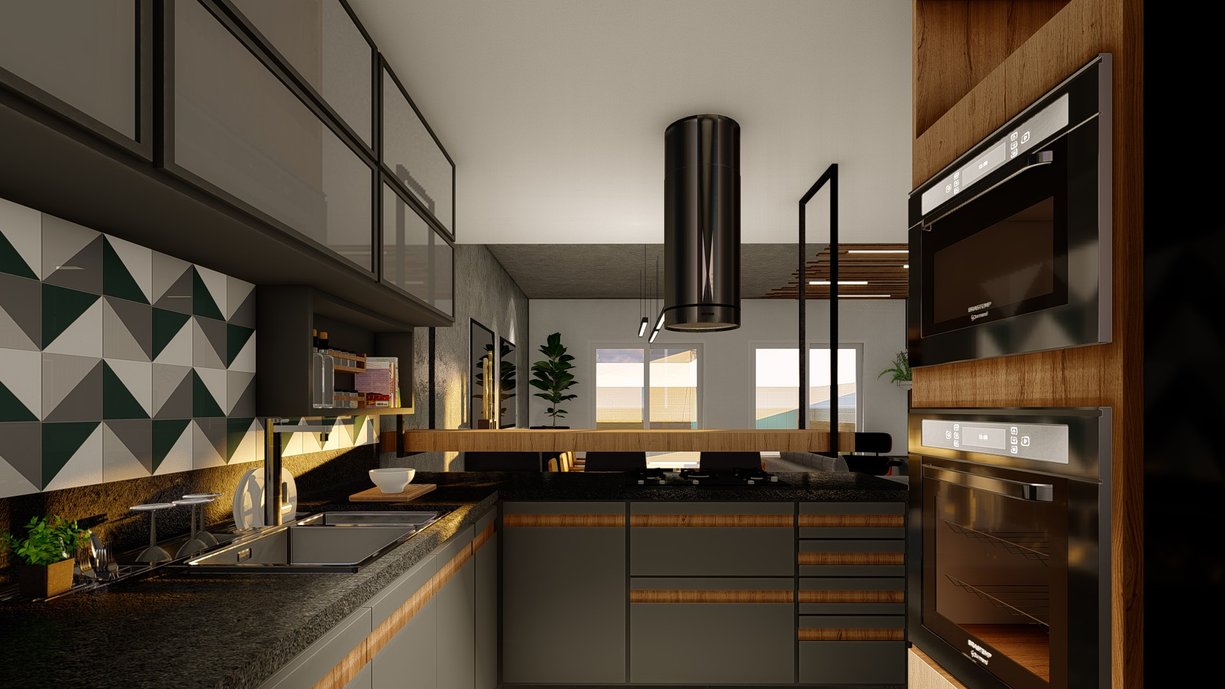 Imagem 3D do Projeto da Cozinha com Integração Total a sala de Estar e Jantar