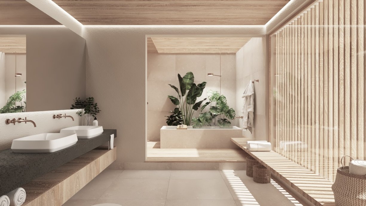 Estudo para um banheiro com cara de spa. A proposta traz a ideia de relaxamento em um ambiente amplo, com muita luz e materiais naturais. Os metais são da Deca no tom corten, o piso e paredes da área de banho são revestidos com o porcelanato Yass da Portobello e as paredes externas recebem o acabamento velvet da Terracor.