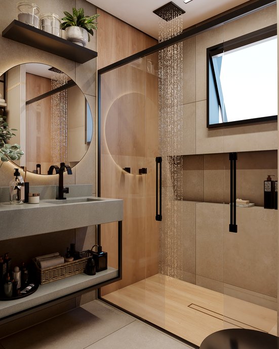 A sofisticação do amadeirado do revestimento ARAUCÁRIA CLARA com o cinza do revestimento FOGGY GRAY