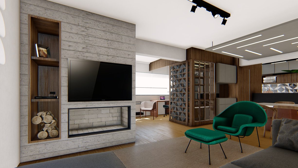 Imagem 3D do Projeto da Sala de estar integrada a Sala de Jantar e ao espaço da Churrasqueira. 