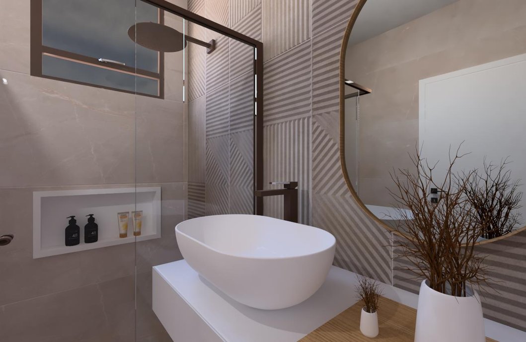 A parede em destaque com o Concreto Dobraduras da Linha Superquadra se une a sofisticação e leveza do Gris Armani. E contribuindo não menos o Simplesmente Branco na bancada e nicho, uma composição de se apaixonar. 