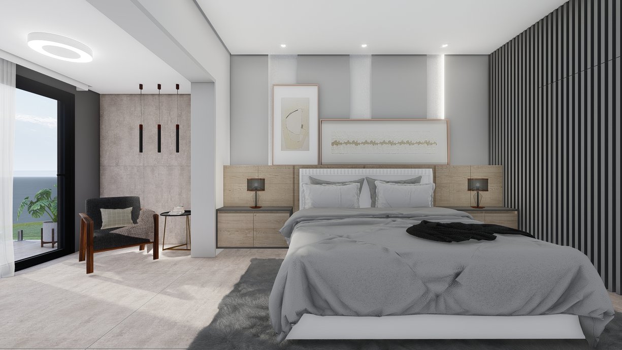 Quarto casal com tons frios alinhado com o aconchego dos diferentes tons amadeirados. O ripado além de trazer uma textura para o ambiente, traz mais privacidade para o closet e banheiro do casal.