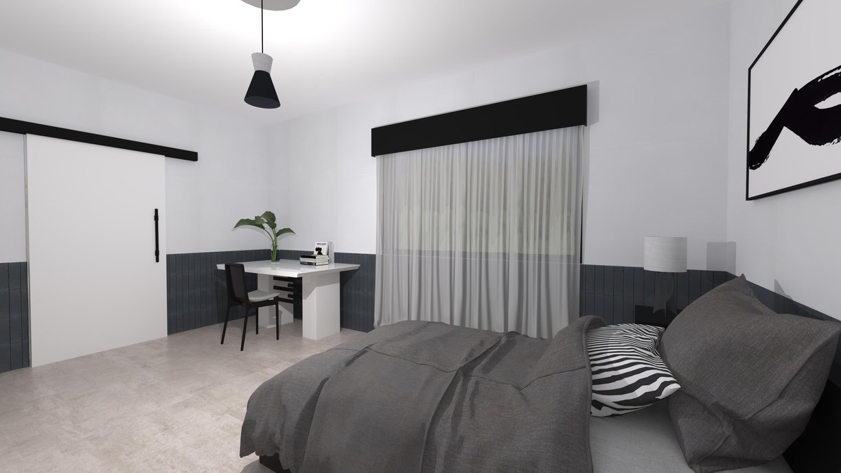 Quarto com os revestimentos Horizontes New York e Brasília Concreto Cinza.