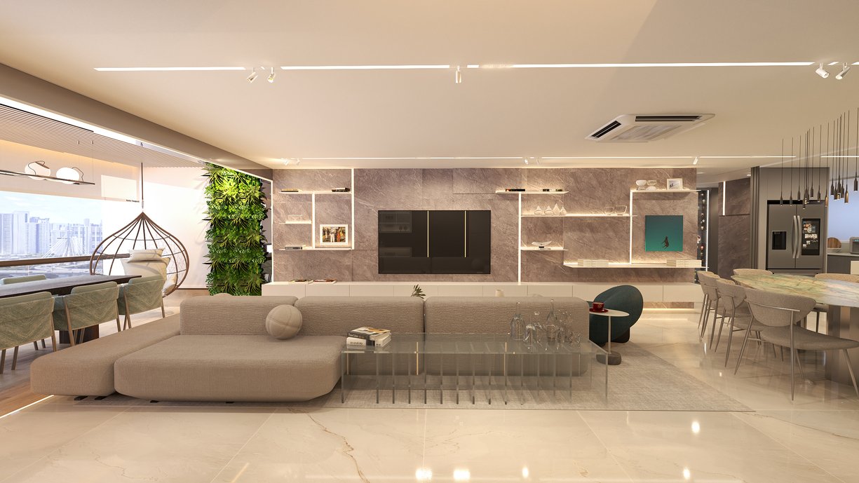 Sala moderna de apartamento com cores neutras, com painel de tv com porcelanato.