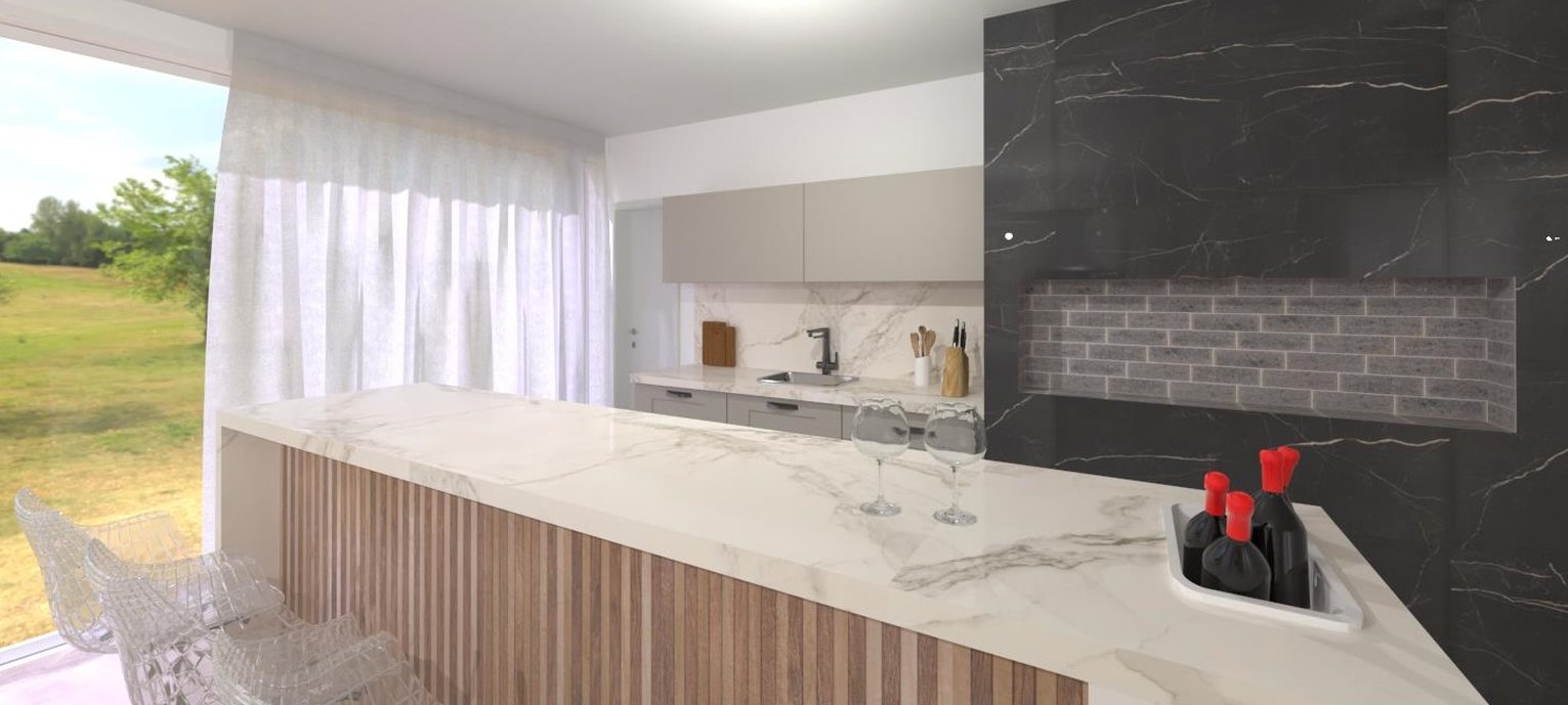 Bianco di Elba, mármore branco com veios em tons de cinza tem origem grega com formas irregulares e orgânicas, que contrasta e se une com o Nero Venato, inspirado no mármore do Paquistão preto intenso, veios dourados e branco. Clássico que encanta!