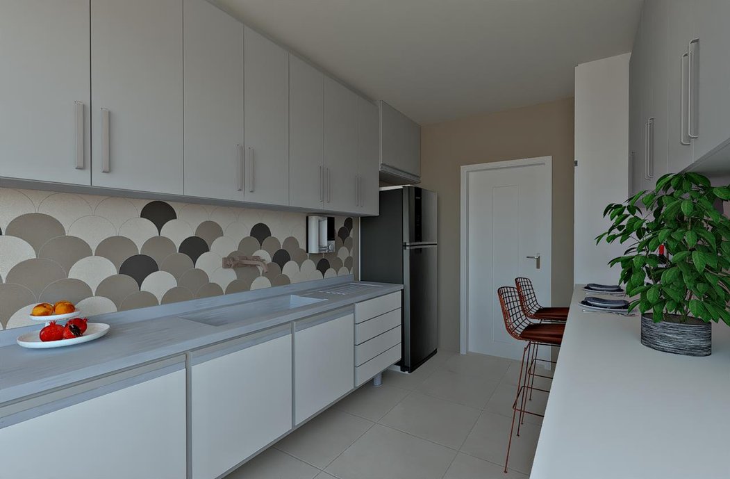 Faixas em porcelanato Pavone Mineral, Concreto e Grafite e misturador da linha Docol (Misturador Lav Parede Docolcity - DocolChroma - Cobre Escovado - Cód. 00878069)