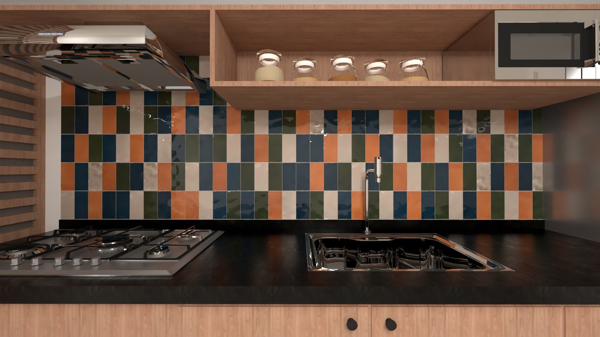 A concepção da cozinha de um apartamento partiu do revestimento Gouache da PortobelloShop nas tonalidades: Bleu Marine, Brume, Foret e Mandarine no formato 7,5x15,5 Brilho, em consonância com a área de serviço. No piso Concretissyma Matiz Grigio 90x90 natural que envolve o ambiente. Projeto elaborado no Domus3D pelo projetista Marcelo Augusto para aos clientes Laura e Guilherme.