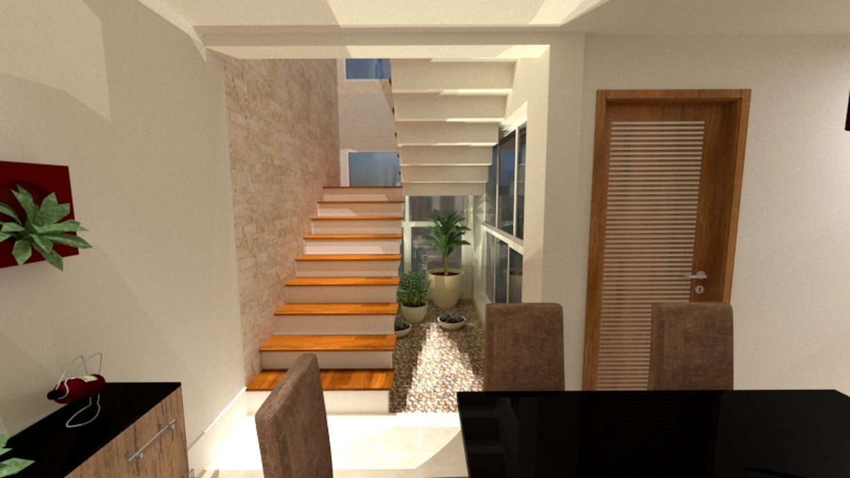 Representação em 3D da escada e jardim de inverno