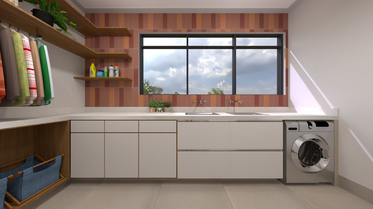 O projeto da lavanderia dos clientes Marcia e Marcelo, foi traduzido em tons terrosos da linha Terralma. O ambiente utiliza revestimento Terralma Arizona, Jalapao e Riviera no formato 9x37. Bancada com o porcelanato Ms. Barcelona Cristal 120x120 natural e piso Cement Block Foggy 80x80 natural. Projeto elaborado no Domus3D pelo projetista Marcelo Augusto.