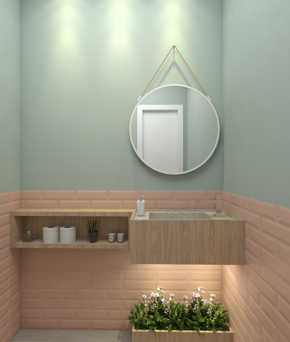 Lavabo pequeno mais super charmoso. O revestimento blush da linha color market deu o toque no ambiente.