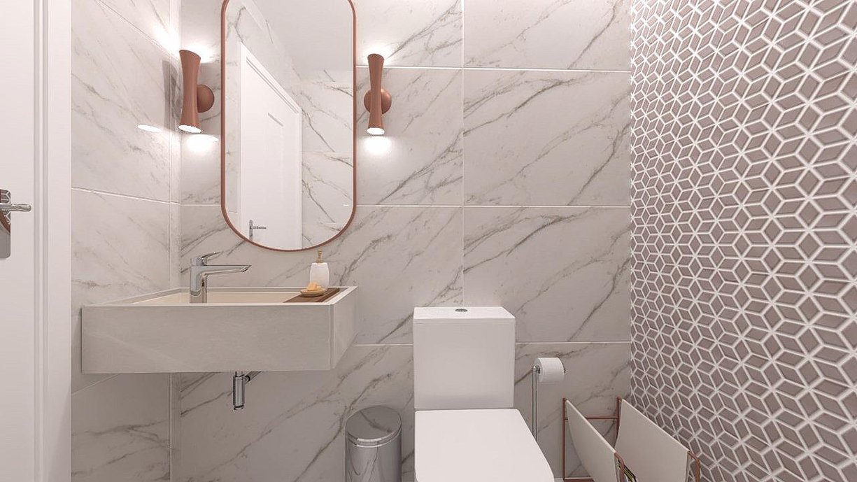 Lavabo clássico desenvolvido em revestimento Golden Calacata, com um toque especial de Cubica Argento na parede de fundo.