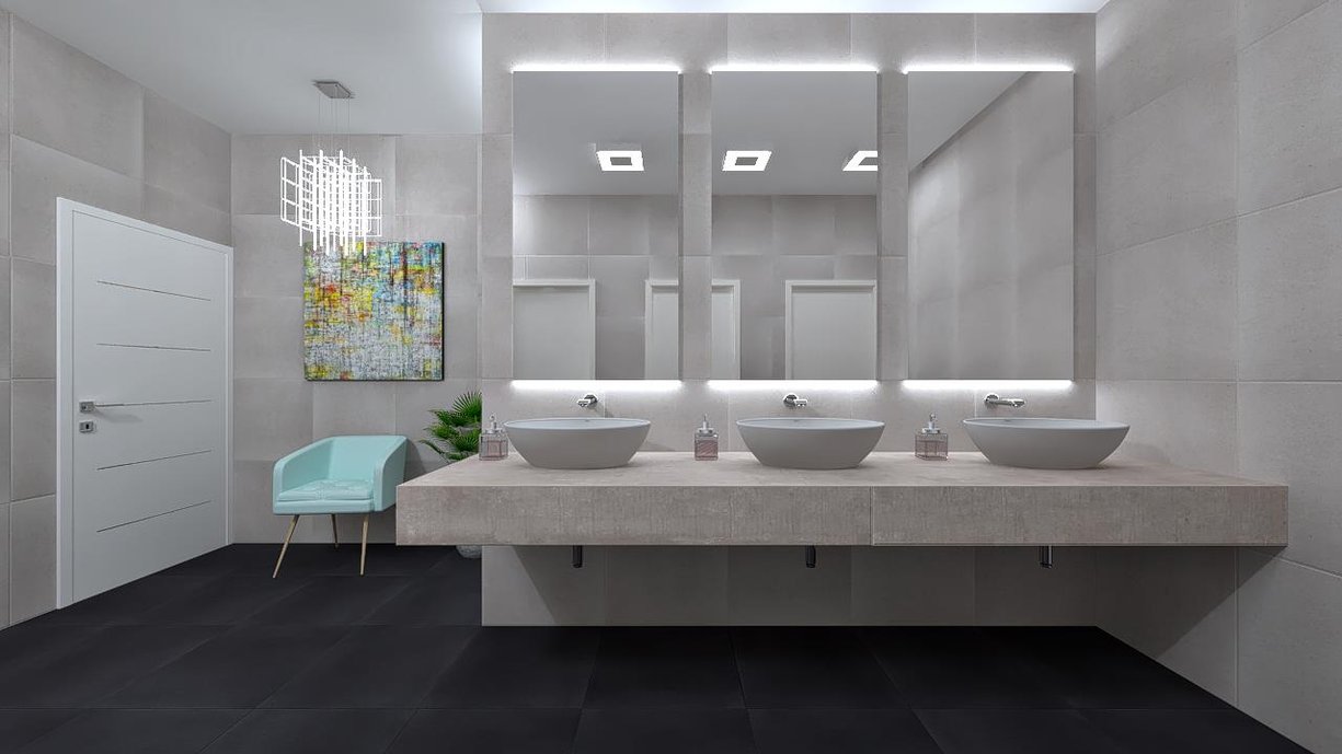 Projeto de banheiro para supermercado em zona litoral. Conceito moderno e despojado com efeito de contraste através de porcelanatos de tons claros e escuros.
