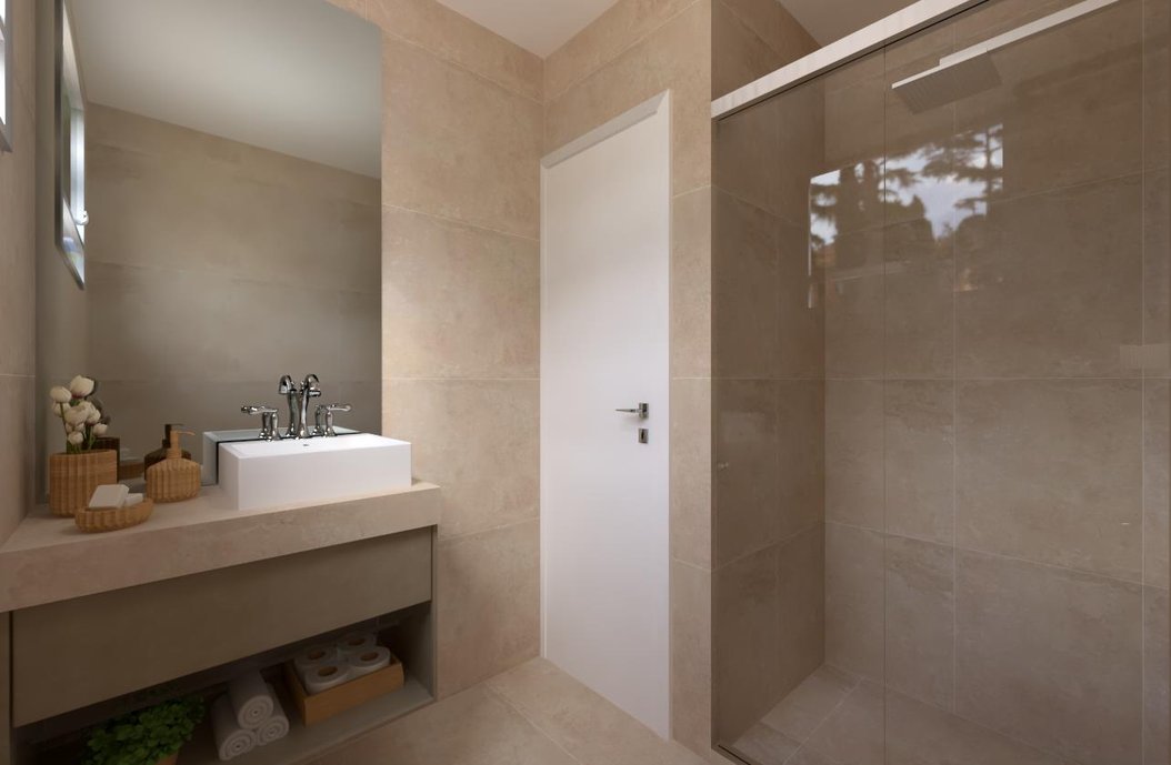 Banho Social piso, parede e bancada revestidos de porcelanato Beige Versailles 60x120 Nat. 