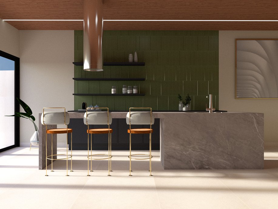 Proposta de uma cozinha com lançamentos da coleção unlimited 2021: piso Via Durini off white, ilha com Bleu de Savoie e backsplash da linha Terralma.