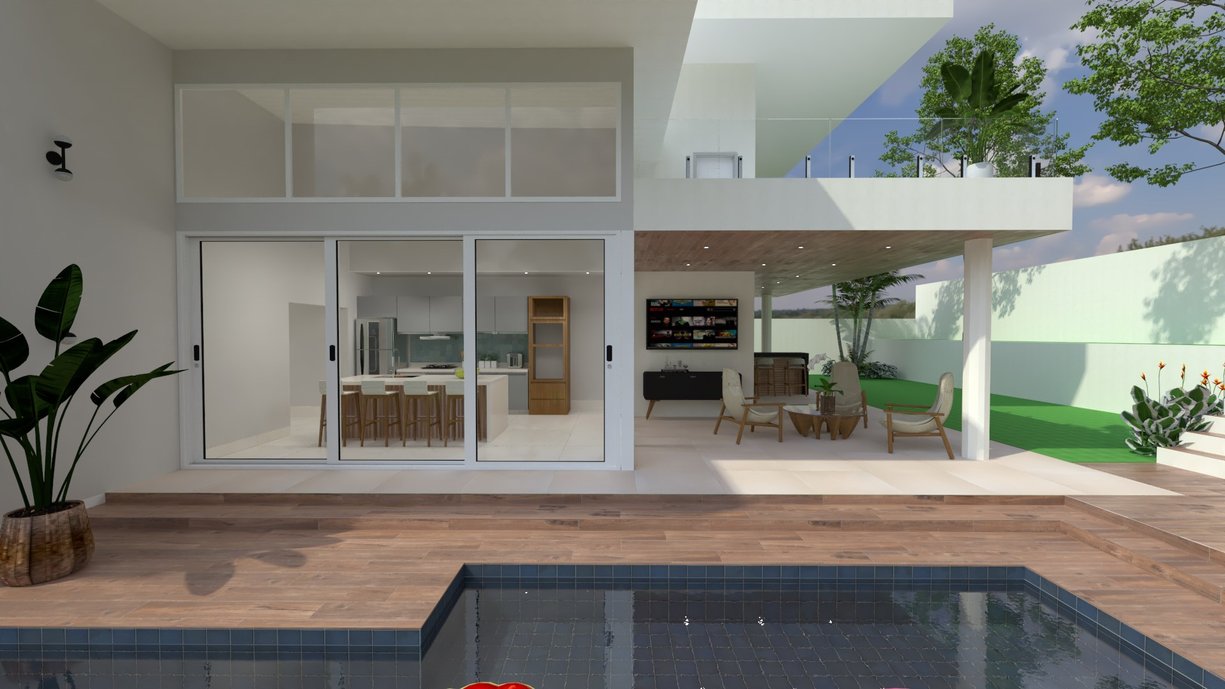 Proposta de área gourmet mais cozinha. Projeto elaborado no Domus3D pelo projetista Marcelo Augusto.
