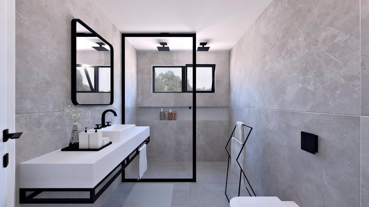 Banheiro em conceito moderno, utilizando o porcelanato marmorizado st Martin da linha timeless, exclusivo produto da Portobello Shop.