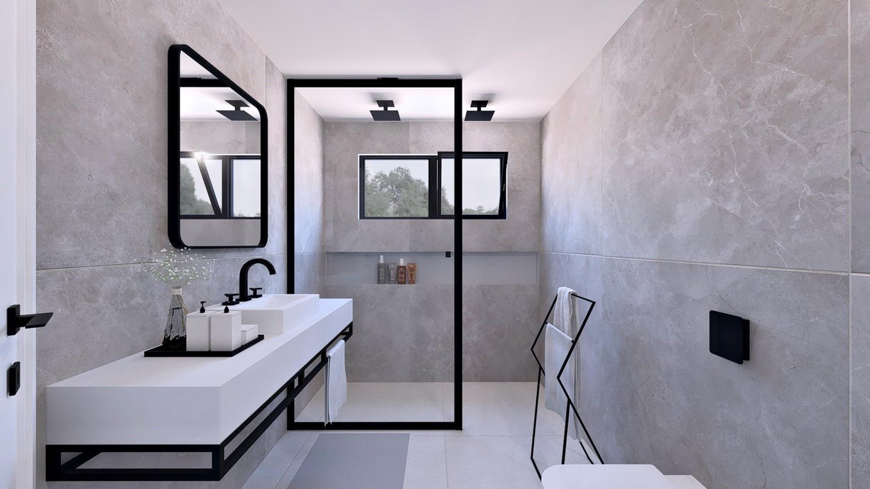 Banheiro em conceito moderno, utilizando o porcelanato marmorizado st Martin da linha timeless, exclusivo produto da Portobello Shop.
