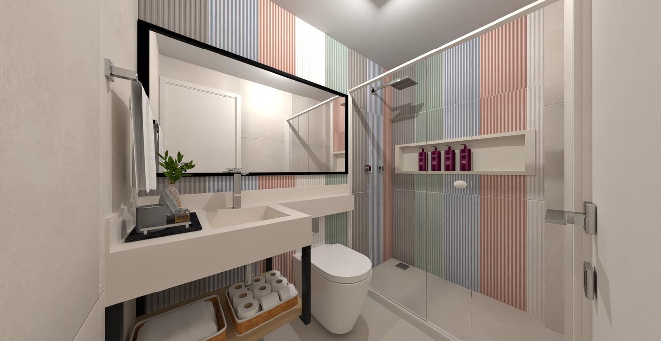 Um banheiro ousado e criativo que remete ao lúdico com suas cores e formas. Neste Banheiro foi usada a linha Color Block juntamente com o neutro do Foggy bianco natural.
