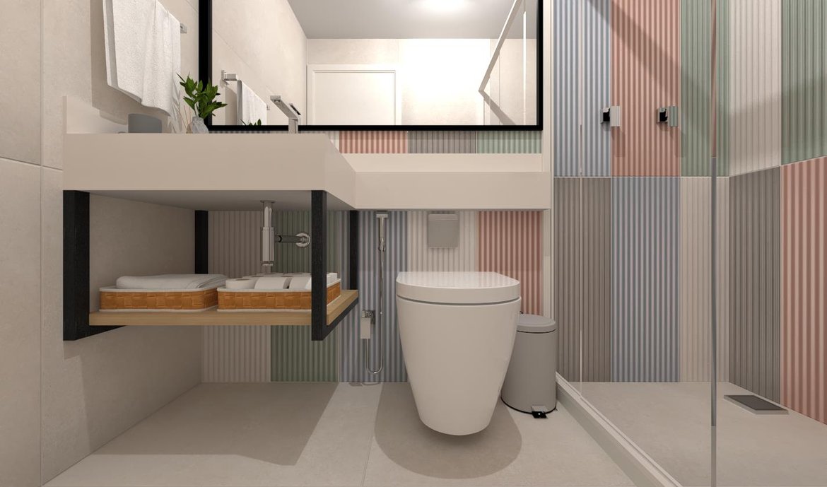 Um banheiro ousado e criativo que remete ao lúdico com suas cores e formas. Neste Banheiro foi usada a linha Color Block juntamente com o neutro do Foggy bianco natural.