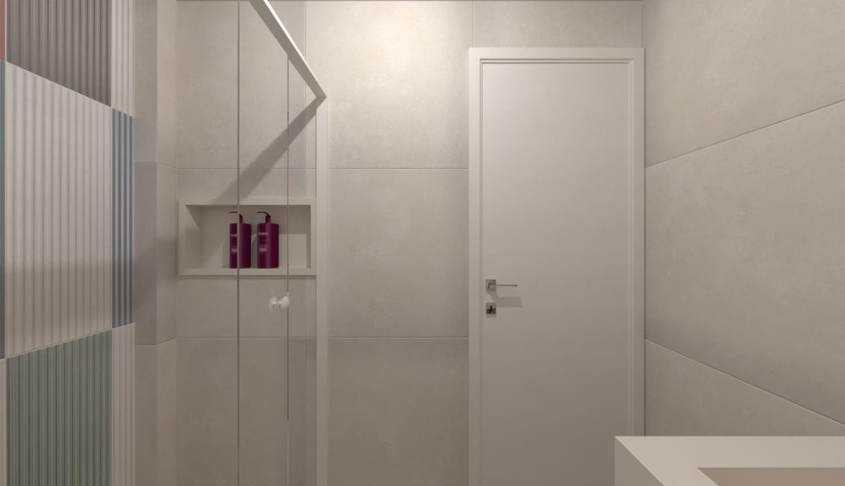 Um banheiro ousado e criativo que remete ao lúdico com suas cores e formas. Neste Banheiro foi usada a linha Color Block juntamente com o neutro do Foggy bianco natural.