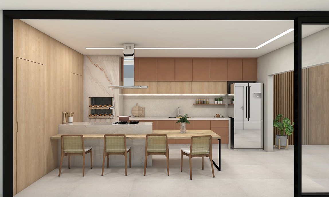 Proposta de uma cozinha gourmet com lançamentos da coleção unlimited 2021: Via Durini off white, Palissandro e nordik wood.