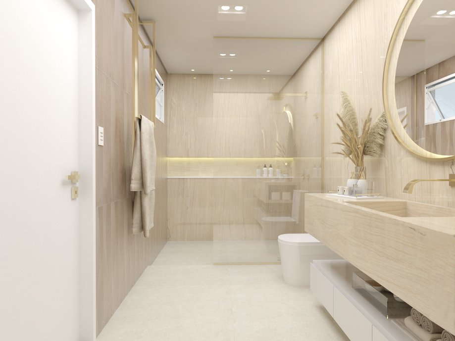 Projeto para banheiro em tons neutros, que além da funcionalidade, cria um ambiente repleto de charme e elegância.