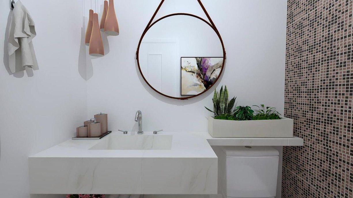 Lavabo em edificação residencial, com piso em porcelanato Noce Savanna e parede lateral com destaque em pastilha Star Mix.