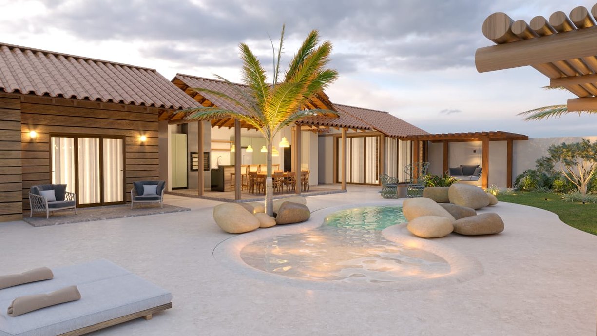 O estilo rústico praiano é predominante, e os ambientes são envolvidos pela harmonia dos materiais com a natureza, criando um oásis de lazer que é um convite para dias de paz e aconchego