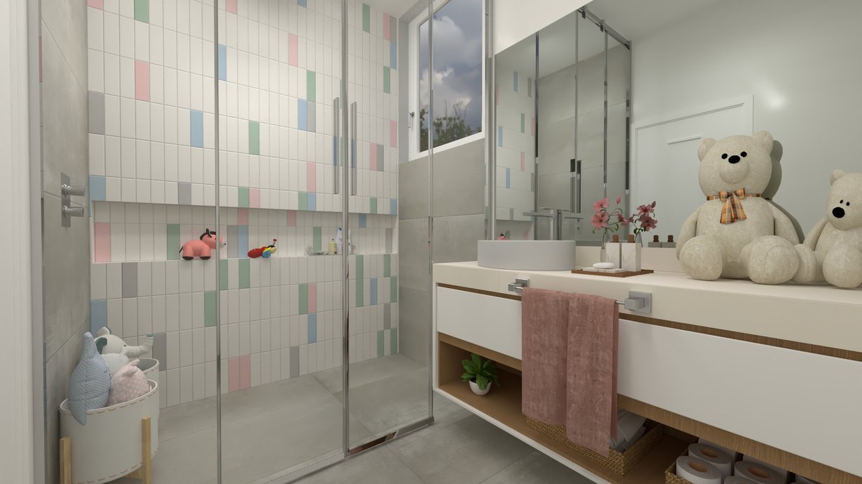 Proposta suíte para uma menina tendo o fundo do banho composto do azulejo Color Market e laterais do box Harpa Fjord 60x120 natural. O fundo teve uma base da cor Color Maket Patagonia e uma mesclagem de cores básicas, mas com muita persoalidade: Acquamarine, Alice, Siberian e Wonderland. O piso de Harpa Fjord 60x120 natural, assume o ambiente. Projeto elaborado no Domus3D pelo projetista Marcelo Augusto.