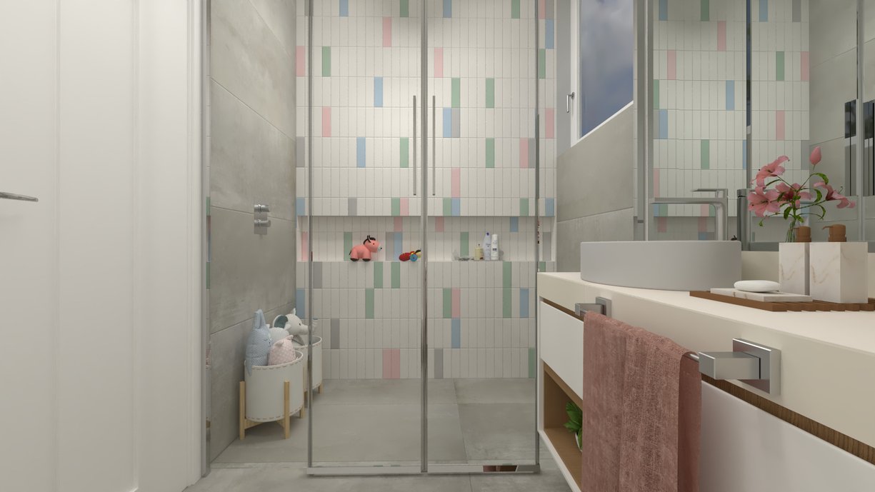 Proposta suíte para uma menina tendo o fundo do banho composto do azulejo Color Market e laterais do box Harpa Fjord 60x120 natural. O fundo teve uma base da cor Color Maket Patagonia e uma mesclagem de cores básicas, mas com muita persoalidade: Acquamarine, Alice, Siberian e Wonderland. O piso de Harpa Fjord 60x120 natural, assume o ambiente. Projeto elaborado no Domus3D pelo projetista Marcelo Augusto.