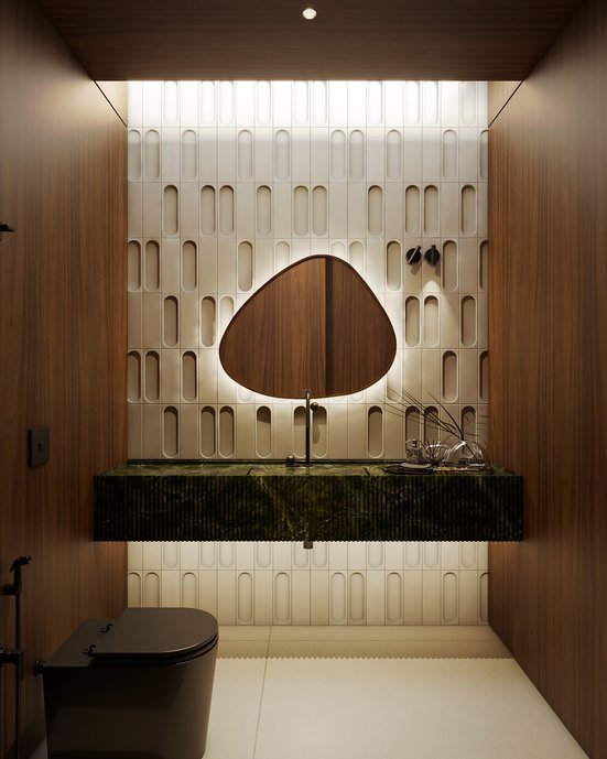 Lavabo social, piso Via Durini Off White, revestimento Pi planos e côncavos, bancada em Vitória Régia.