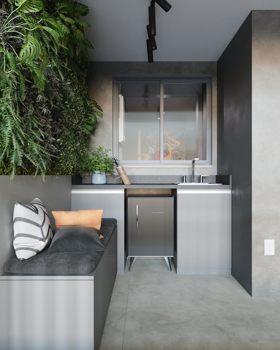 Para esse projeto todo o apartamento foi utilizado o mesmo revestimento CEMENT BLOCK , proporcionando uma linguagem , unidade e continuidade entre todos os cômodos.