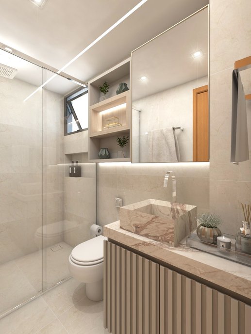 E pro banheiro do casal, nada como ousar com uma bancada em porcelanato Siena Chianti da Portobello Shop, uma composição perfeita de cores e texturas, que ficou incrivelmente lindo!