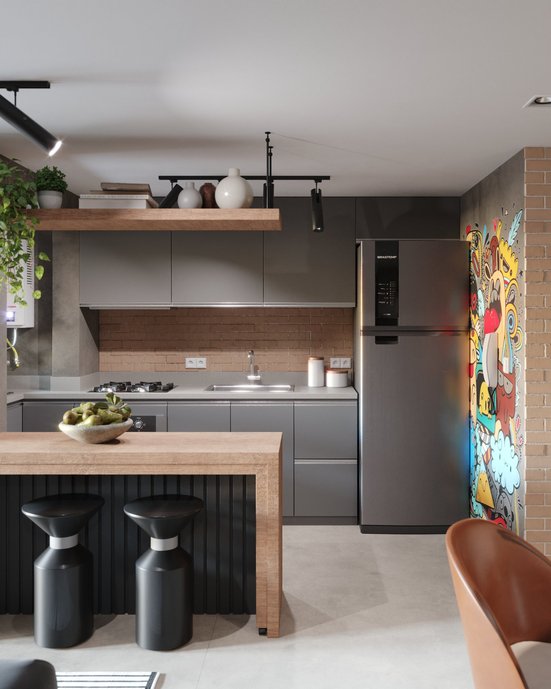 Para esse projeto todo o apartamento foi utilizado o mesmo revestimento CEMENT BLOCK , proporcionando uma linguagem , unidade e continuidade entre todos os cômodos. ABBEY ROAD 6,5X23 MATE N/A na parede de frontao da pia, tras textura e uma linguagem atemporal.