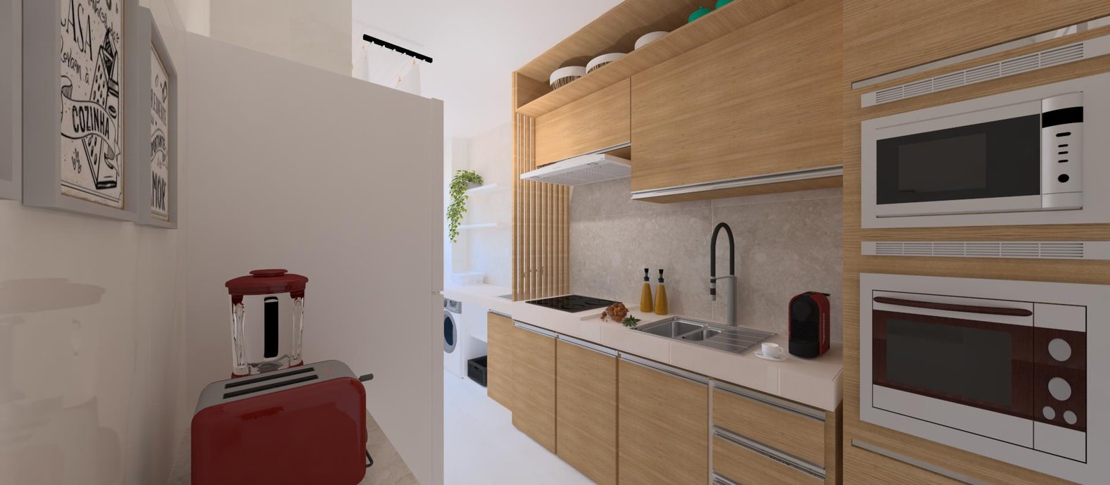 Cozinha revestida no Bianco Covelano com detalhes no Pietra Lombarda Off White 